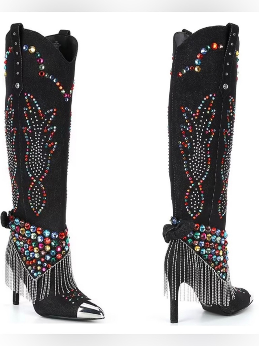 Gianni Bini Kaitrin Black Denim Rhinestone Embellished Fringe Heel Boots $229 - Picture 2 of 7